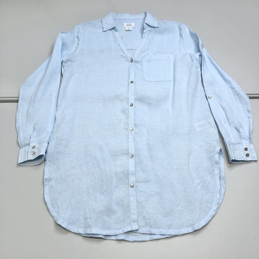 Sigrid Olsen Small Lightweight Blue 100% Linen ButtonUp Shirt Blouse Coastal